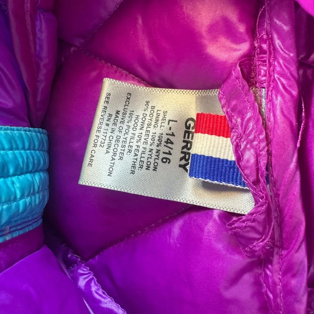 Gerry Kids Down Puffer Jacket L 14/16 Blue Purple Hooded Quilted Coat Gorpcore